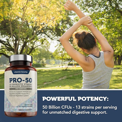 Vitamin Bounty Pro-50 Probiotics for Women Digestive Health | 50 Billion CFU & 13 Strains | SBO Synbiotic Formula Delayed Release Capsule+Prebiotic Greens for Immune Support – for Women & Men | 60cap