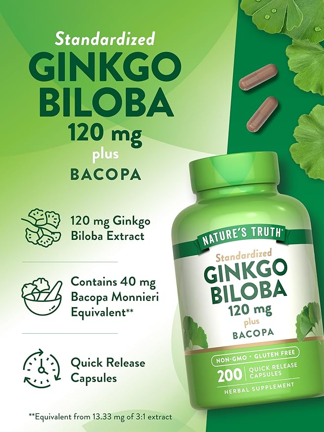 Nature's Truth Ginkgo Biloba 120mg | Plus Bacopa | 200 Quick Release Capsules | Standardized Extract | Non-GMO and Gluten Free Supplement