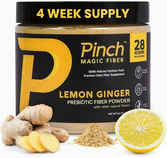 Pinch Magic Fiber Supplement Powder | Lemon Ginger Flavored Psyllium Husk Powder for Digestive Health & Gut Support | Low Sugar Supplement for Keto & Vegan Diets | USA-Made | 28-Day Supply