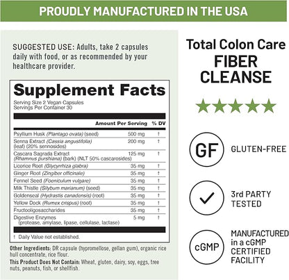 NatureWise Total Colon Care Fiber Cleanse - Natural Laxative Blend - Herbal Laxatives, Prebiotics, & Enzymes for Regularity, Digestion, Weight & Gut Health - Non-GMO - 60 Capsules[30-Day Supply]