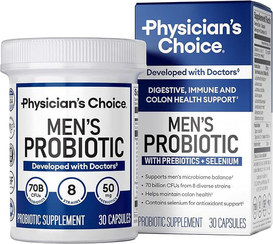 Physician's Choice Probiotics for Men - 70 Billion CFU - 8 Strains - w/Selenium & Organic Prebiotics - Supports Digestive Health, Microbiome, Colon, & Immune Health - Advanced Men's Probiotic - 30ct