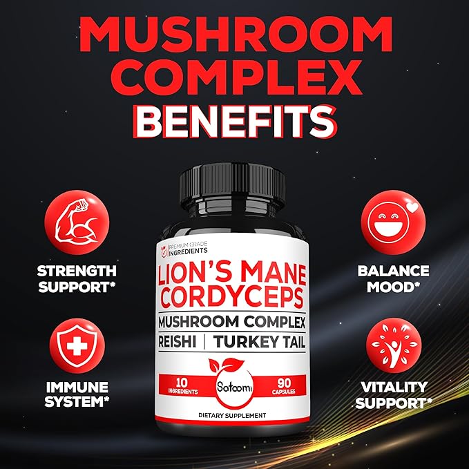 Satoomi 10in1 Cordyceps Mushroom Supplement - Blended with Lions Mane, Turkey Tail Mushroom, Reishi Mushroom & Others - 90 Capsules for 90 Serving Supply