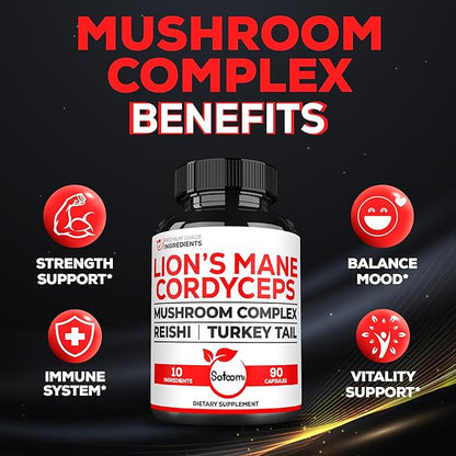 Satoomi 10in1 Cordyceps Mushroom Supplement - Blended with Lions Mane, Turkey Tail Mushroom, Reishi Mushroom & Others - 90 Capsules for 90 Serving Supply