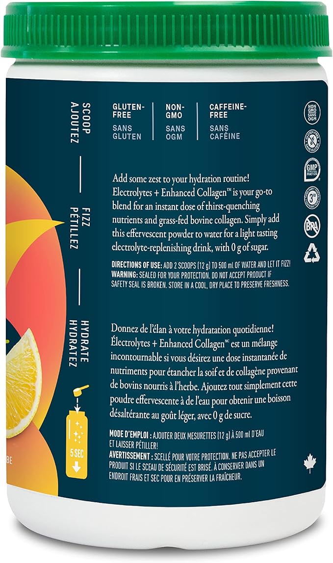Organika Canadian-Made Electrolytes + Enhanced Collagen - Zesty Lemon Berry Flavour - Sugar-Free Hydration | 5g Protein + 100% of Daily Vitamin C | 360g, 30 Servings