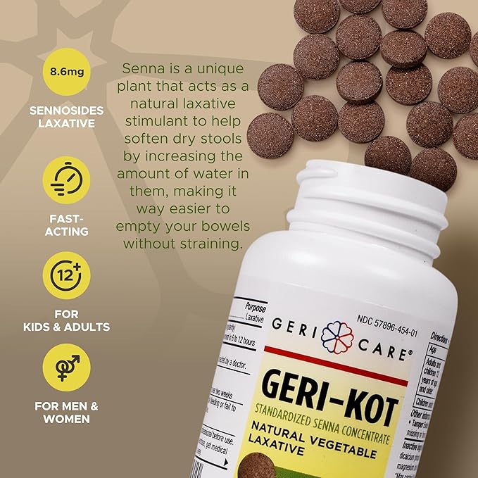 Geri-KOT Senna Laxative & Stool Softener Tablets, 100ct| Natural Vegetable Stimulant Laxative| Smooth Bowel Movement Senna Tablets| Fast-Acting, Gentle Constipation Relief| 8.6mg Sennosides Laxative