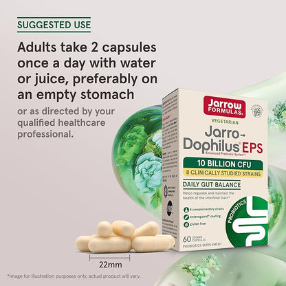 Jarrow Formulas Jarro-Dophilus EPS Probiotics 10 Billion CFU, Dietary Supplement for Intestinal Tract Support, Gut Health Supplements for Women and Men, 60 Veggie Capsules, 30 Day Supply (Pack of 12)