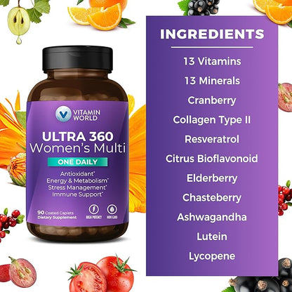Vitamin World Ultra 360 Multivitamin for Women One Daily, Women's Multivitamin with Collagen, Ashwagandha & Antioxidants, Supplement with Vitamin A, B, C & D for Energy & Immune Support, 90 Caplets