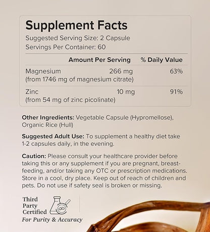 Potent & Pure Magnesium & Zinc Complex - Fully Reacted Magnesium with Chelated Zinc Picolinate - by Rootcha | 120 Capsules