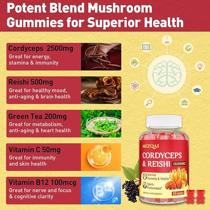 Mushroom Gummies, Cordyceps Reishi Mushroom Supplement Gummies for Adults with Green Tea Extract, Brain Supplements for Memory and Focus, Energy, Athletic Performance*, Rest - 60 Count