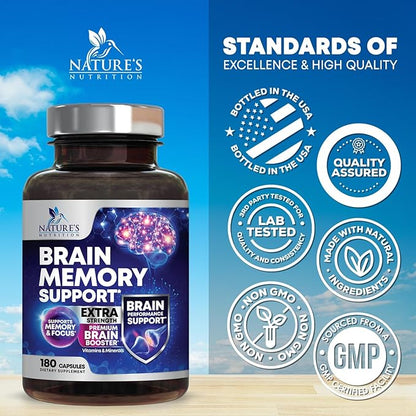 Brain Supplements for Memory and Focus - 40 Nootropics & Vitamins to Support Mental Alertness, Clarity & Concentration, Brain Health Cognitive Memory Pills, B6, B12, Phosphatidylserine - 180 Capsules