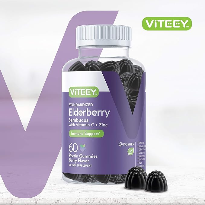 Viteey Sambucus Elderberry Gummies for Adults – Elderberry Vitamin C and Zinc Immunity Gummies - Vegan, Gluten-Free – 60 Count