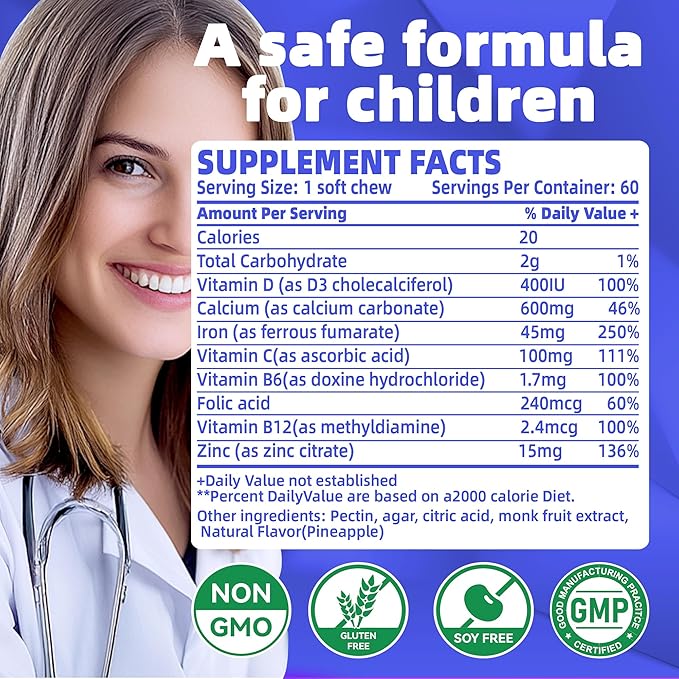 Iron Soft Chews Supplement with Vitamin C | Blueberry Flavored | Gluten Free | Iron Supplement for Women Men and Kids | 60 Count | 2 Month Supply