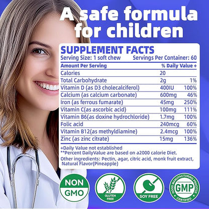 Iron Soft Chew Supplement with Vitamin C | Blueberry Flavored | Gluten Free | Iron Supplement for Women Men and Kids | 60 Count | 2 Month Supply