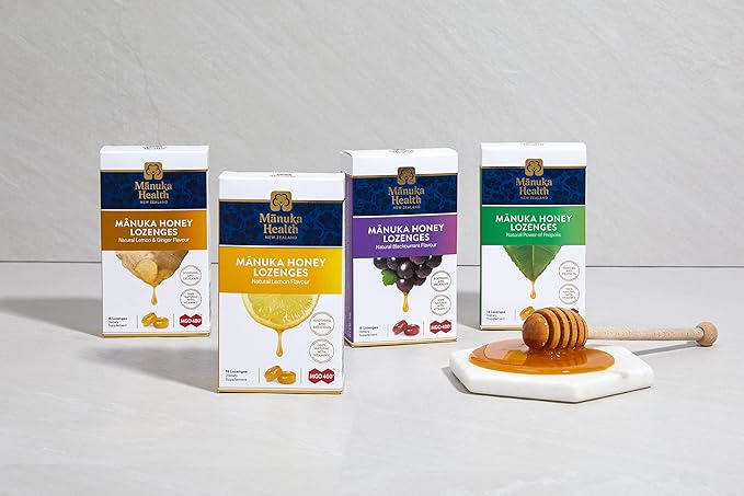 Manuka Health MGO 400+ Manuka Honey Lozenges, Pack 4, Variety Pack - Lemon, Honey & Propolis, Blackcurrant, Lemon & Ginger