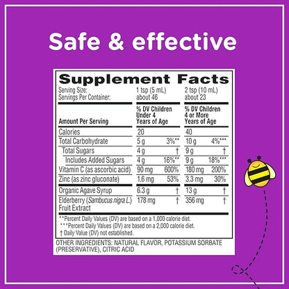 Zarbee's Elderberry Syrup for Kids, Daily Immune Support with Vitamin C & Zinc, Childrens Liquid Supplement, Natural Berry Flavor, 8 fl oz