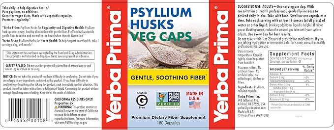 Yerba Prima Psyllium Husks Veg Caps - 180 Count (2 Pack) (625mg) - Vegan, Non-GMO, Gluten Free, Colon Cleanser, Daily Fiber Supplement for Gut Health & Regularity