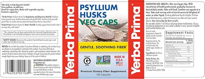 Yerba Prima Psyllium Husks Veg Caps - 180 Count (2 Pack) (625mg) - Vegan, Non-GMO, Gluten Free, Colon Cleanser, Daily Fiber Supplement for Gut Health & Regularity