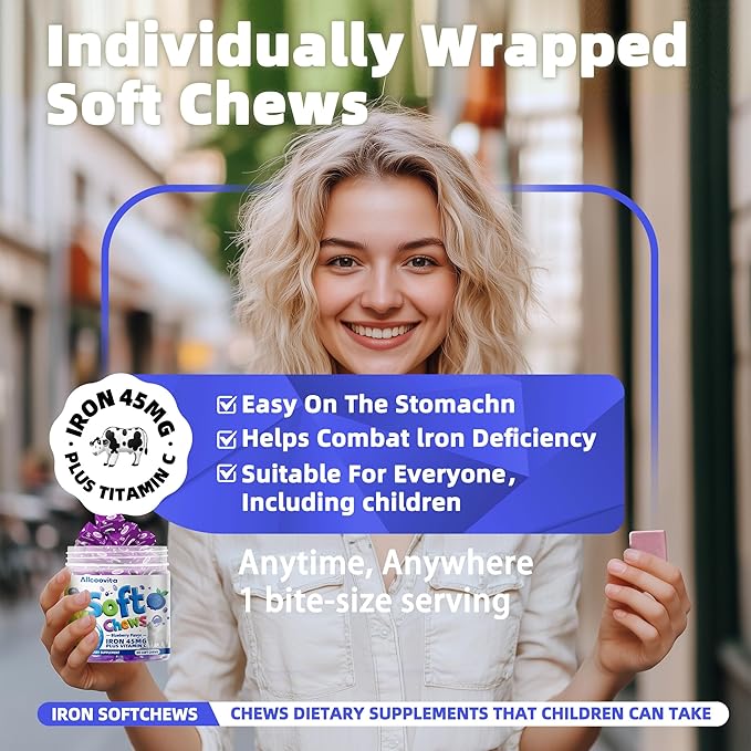 Iron Soft Chews Supplement with Vitamin C | Blueberry Flavored | Gluten Free | Iron Supplement for Women Men and Kids | 60 Count | 2 Month Supply