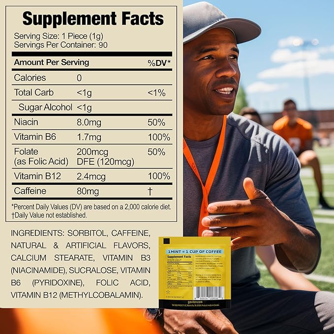 Viter Energy Caffeine Mints 80mg Extra Strength - 90 Pieces Caffeinated with B Vitamins. Sugar Free Vegan Breath Mint. Energize Nootropic Focus Booster for Fast Alertness (Wintergreen Flavor, 30 Pack)