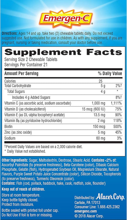Emergen-C Immune+ Chewables 1000mg Vitamin C with Vitamin D Tablet, Immune Support Dietary Supplement for Immunity, Orange Blast Flavor - 42 Count
