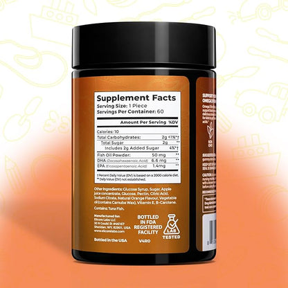 Kids Omega 3 Gummies - DHA & EPA Fish Oil Supplement for Brain, Vision & Immune Health - Non-GMO, Gluten-Free Orange Flavor Chewable Omega 3 for Kids Gummy 4+ - 60 Count