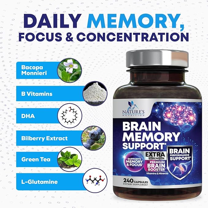Brain Supplements for Memory and Focus - 40 Nootropics & Vitamins to Support Mental Alertness, Clarity & Concentration, Brain Health Cognitive Memory Pills, B6, B12, Phosphatidylserine - 240 Capsules