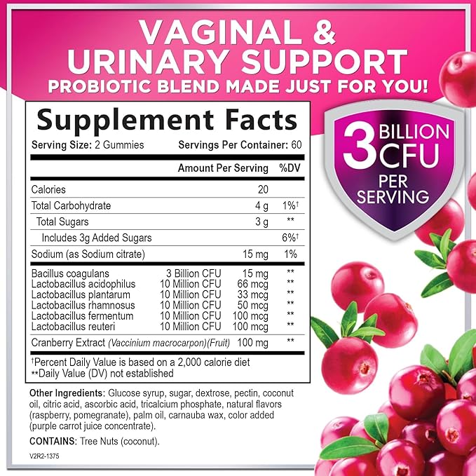 Probiotics for Women with Cranberry Extract - 6 Premium Strains for PH Balance, Digestive Health, Vaginal & Immune Support, 3 Billion CFU, Womens Probiotic Gummy for Feminine Health - 120 Gummies