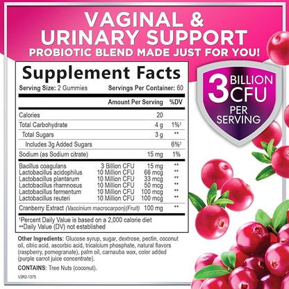 Probiotics for Women with Cranberry Extract - 6 Premium Strains for PH Balance, Digestive Health, Vaginal & Immune Support, 3 Billion CFU, Womens Probiotic Gummy for Feminine Health - 120 Gummies
