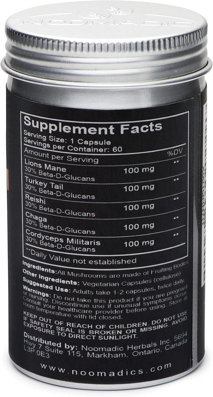 Mushroom Total, 60 Capsules, 500mg, 30% Beta Glucans, Adaptogenic Mushroom Complex of Lions Mane, Turkey Tail, Chaga, Reishi, Cordyceps, Hot Water Extract, Fruiting Bodies.
