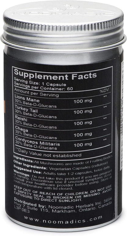 Mushroom Total, 60 Capsules, 500mg, 30% Beta Glucans, Adaptogenic Mushroom Complex of Lions Mane, Turkey Tail, Chaga, Reishi, Cordyceps, Hot Water Extract, Fruiting Bodies.