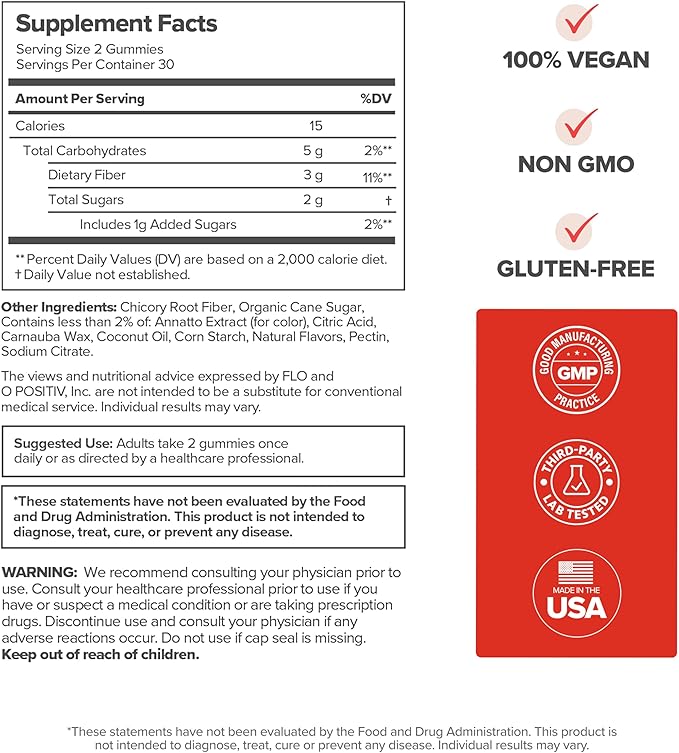 O Positiv URO Fiber Gummies for Adults, 60 Count (Pack of 1) - Prebiotic Chicory Root Inulin Fiber Supplement - Daily Gummy Fiber for Digestive Gut Health - Non-GMO, Vegan & Cruelty-Free