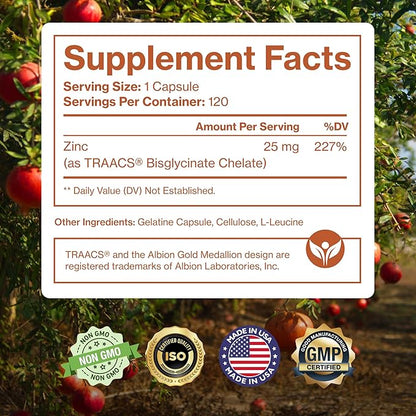 Pure Zinc Supplement 25mg - TRAACS Bisglycinate Chelate - 120 Capsules for Immune Support, Skin Health & Energy - for Men & Women