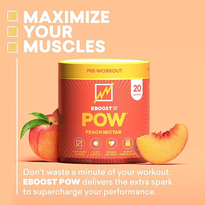 EBOOST POW Natural Pre Workout Powder - 20 Servings, Peach Nectar - Preworkout Energy Booster Gym Supplement Drink Mix for Men and Women - Performance, Joint Mobility Support - Gluten-Free