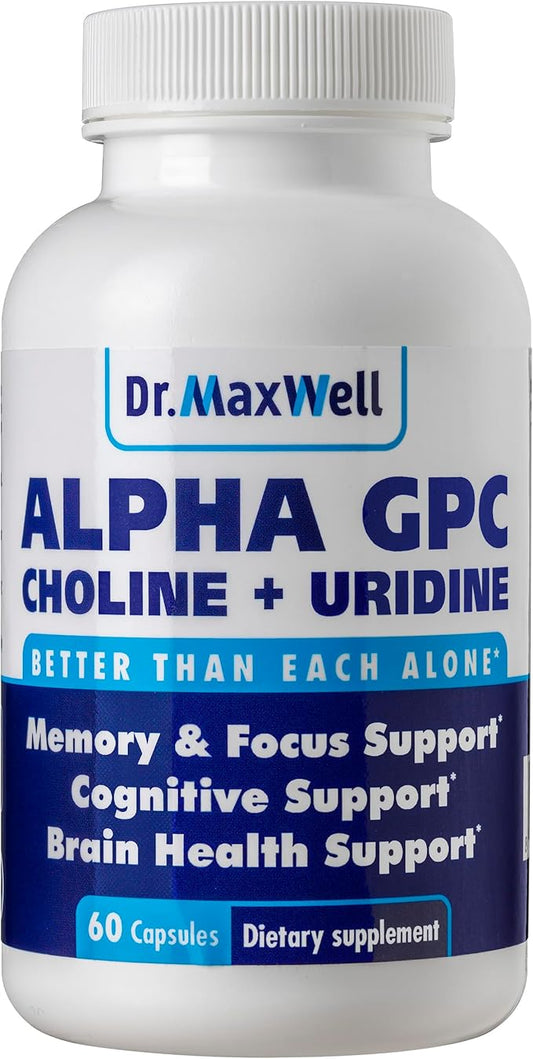 Alpha GPC 600mg + Uridine, a Choline Enhancer. Better Than Alpha-GPC or Uridine Alone. Best Choline Source: 2in1, Soy Free, No Fillers, USA, 60 Pills, Acetylcholine Precursor