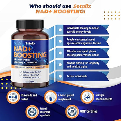 NAD+ Boosting All-in-1 Advanced Formula with NR, Resveratrol, Elderberry, Quercetin - Immune Booster, Overall Well-Being- USA Made & Tested (150 Count (Pack of 1))