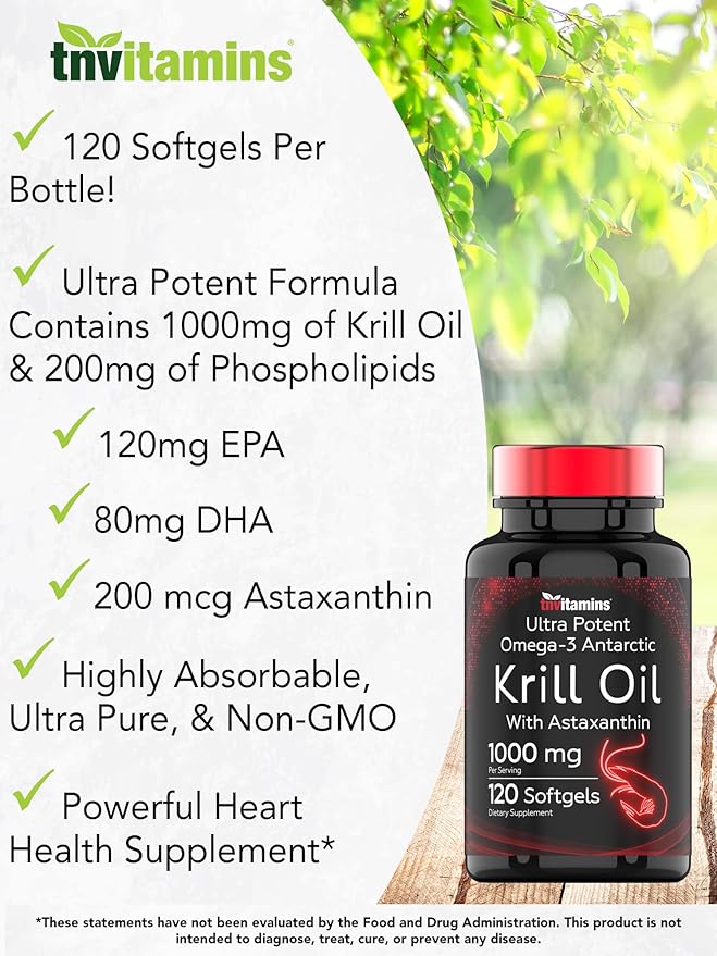 Antarctic Krill Oil 1000mg - 120 Softgels with Astaxanthin | 1000mg Red Krill Oil, 200 mg Phospholipids, 120 mg EPA, 80 mg DHA, 200 mcg Astaxanthin | Potent & Pure Omega-3 Cold Water Antarctic Krill