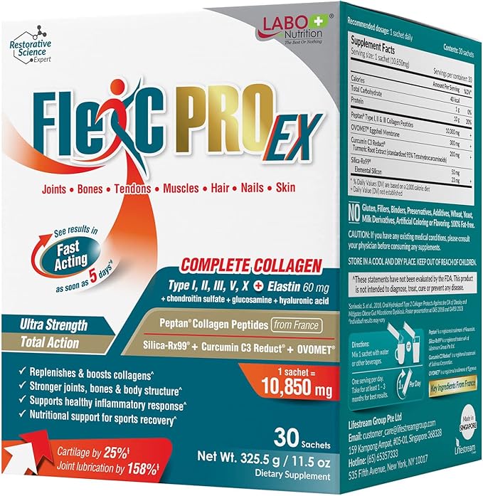 LABO Nutrition FlexC PRO EX, Full Spectrum Collagen, Type I, II, III, V & X, Peptan Collagen, Eggshell Membrane, Water Soluble Silica & Curcumin C3 Reduct, For Hair, Skin, Nails, Joint, Bones, Muscles