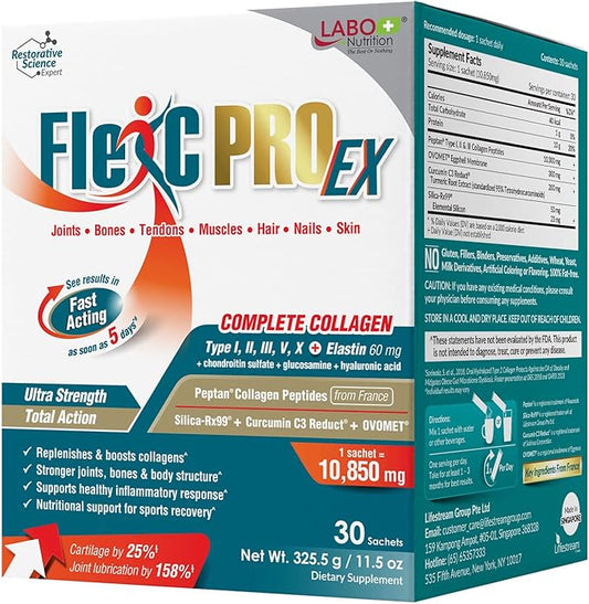 LABO Nutrition FlexC PRO EX, Full Spectrum Collagen, Type I, II, III, V & X, Peptan Collagen, Eggshell Membrane, Water Soluble Silica & Curcumin C3 Reduct, For Hair, Skin, Nails, Joint, Bones, Muscles