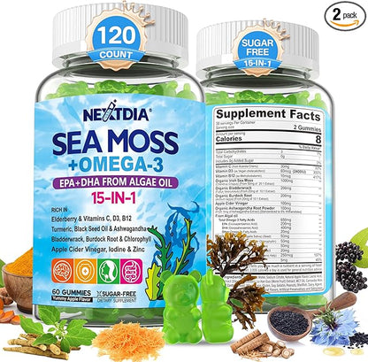 Sea Moss Gummies + Omega-3 (Made in USA) Vegan for Man Women, Organic Irish Seamoss Supplement w/Ashwagandha, Turmeric, Vitamin D3 B12 C, Burdock Root, Bladderwrack, for Brain, Energy, Immunty, 120Cts