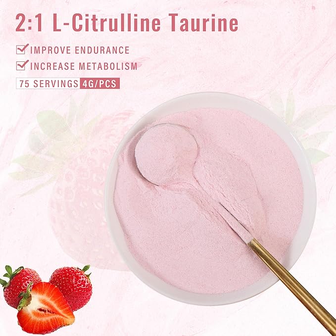Strawberry-Flavored L-Citrulline Taurine 2:1, L Citrulline Powder, Unflavored Vegan Taurine Powder, Pre-Workout Sports Nutrition for Men and Women,1 Pound of Powder Each Can