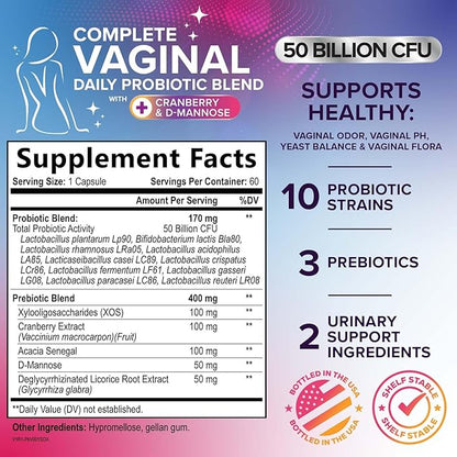 Vaginal Probiotics for Women pH Balance with Prebiotics, 50 Billion CFU, 10 Probiotic Strains, Cranberry, D-Mannose & XOS - Healthy Vaginal Odor & Flora, UT & Feminine Digestive Health - 60 Capsules