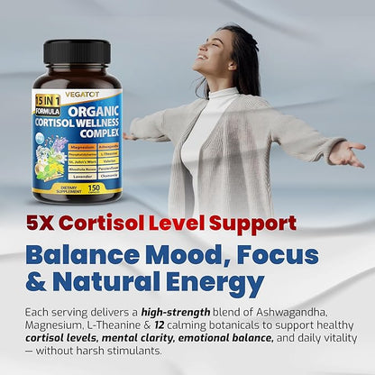 VEGATOT Organic Cortisol Wellness Complex 15-in-1 Formula with Magnesium Ashwagandha St. John's Wort Valerian Rhodiola Rosea Passionflower Chamomile