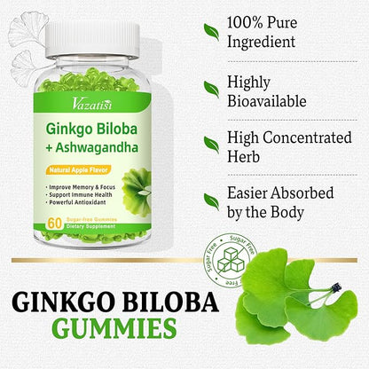 Ginkgo Biloba Gummies with Panax Ginseng for Better Mood and Focus, Booster Brain Health, 120 Vegan Apple Flavor Gummies