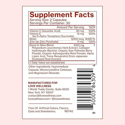 Love Wellness Good to Glow | Collagen Supplement with Biotin, Vitamin C, E, Ashwagandha & Zinc | Promotes Smooth, Glowing & Clear Skin | Enhances Smoothness & Promotes Healthy Skin | 60 Count