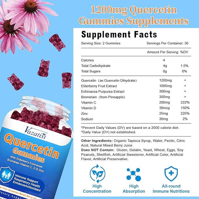 Quercetin Gummies for Kids, Adults Women Men, Quercetin with Bromelain Elderberry Vitamin C Zinc Echinacea Immune Support Supplement, Mixed Berry Flavor 60 Cts