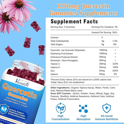 Quercetin Gummies for Kids, Adults Women Men, Quercetin with Bromelain Elderberry Vitamin C Zinc Echinacea Immune Support Supplement, Mixed Berry Flavor 60 Cts