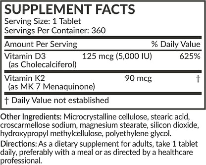 Futurebiotics Vitamin K2 with D3, 2 in 1 Support, 5000 IU Vitamin D3 & 90 mcg Vitamin K2 MK-7 Non-GMO, 360 Tablets