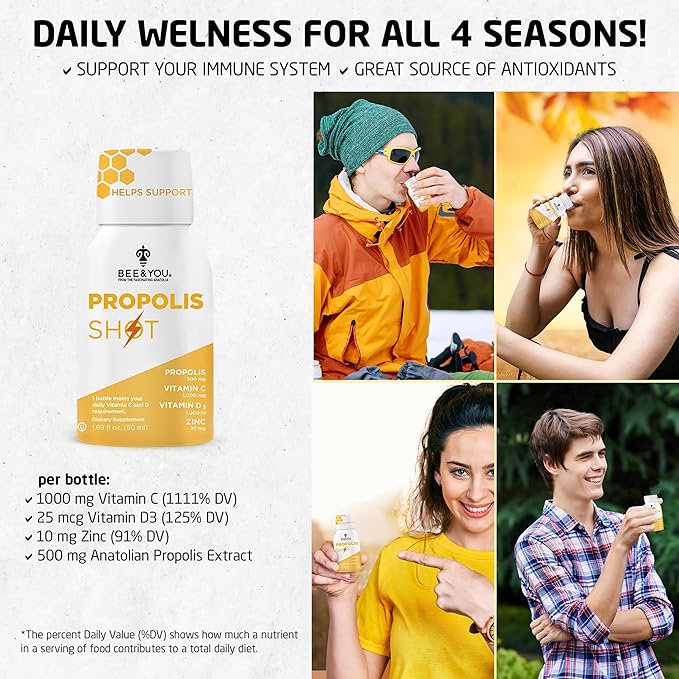 BEE and You Immune Support 100% Natural Propolis Shot Supplement, Antioxidants, Vitamin C, VIT D3, Zinc, Orange Juice, Raw Honey, 1.69 fl. oz x 12 Bottles