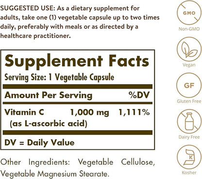 Solgar Vitamin C 1000 mg, 100 Vegetable Capsules - Antioxidant & Immune Support - Overall Health - Healthy Skin & Joints - Bioflavonoids Supplement - Non-GMO, Vegan, Gluten Free, Kosher - 100 Servings