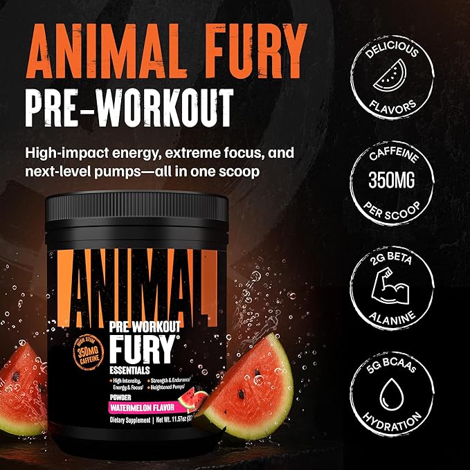 Animal Fury Pre Workout Powder - Watermelon, 350mg Caffeine, BCAA Amino Acids, 2g Beta Alanine, Citrulline & Tyrosine, Energy, Focus, Strength, Endurance, Preworkout for Men & Women, 20 Servings